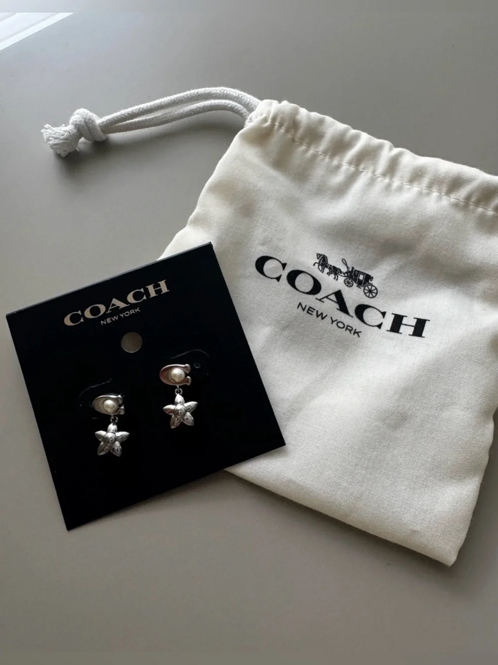 COACH Silver Floral Pearl Drop Earrings